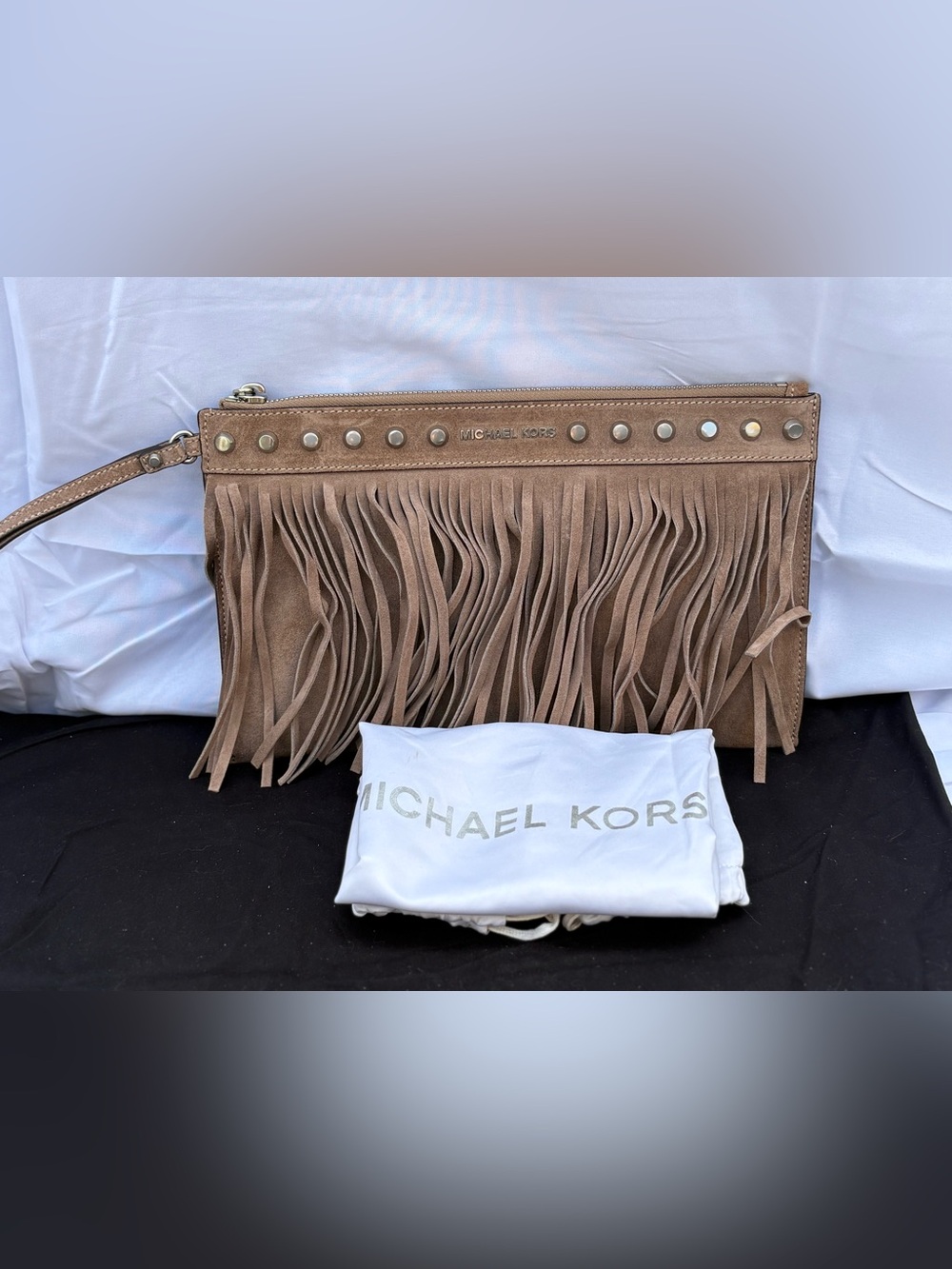 Michael Kors Billy Taupe Suede Fringe Wristlet Clutch with Studs